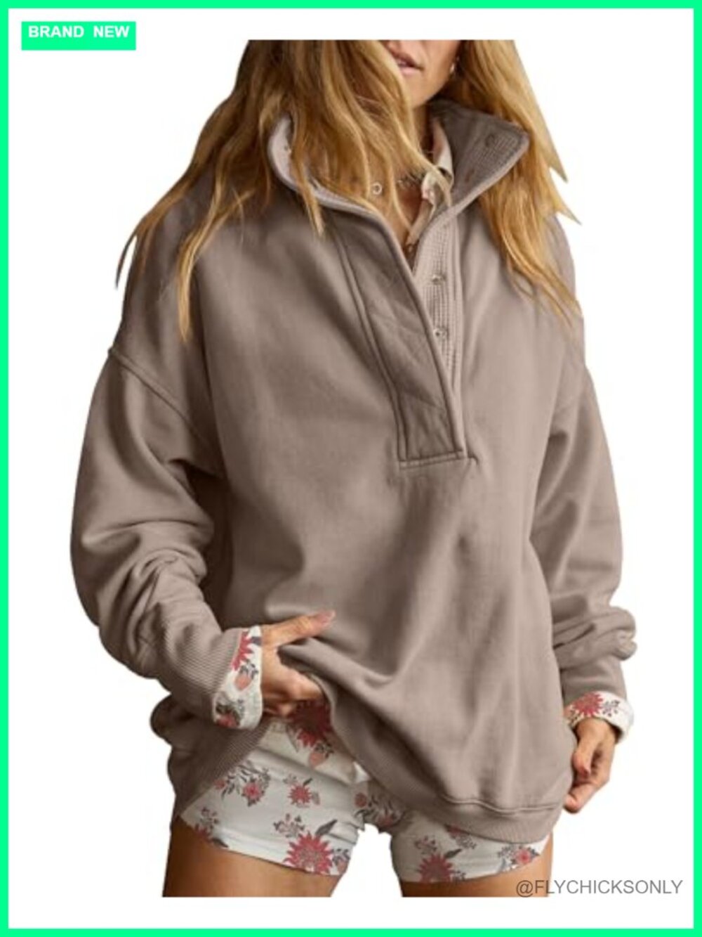 Oversized Henley Neck Sweatshirt Cotton Blend Pullover Top Long Sleeve